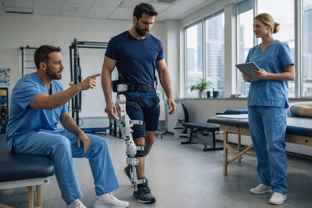 mężczyzna przeprowadzający rehabilitację w egzoszkielet